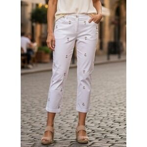 Pantology Womens Crop Capri Pants Embroidered White Trees Size 10 Cotton Stretch